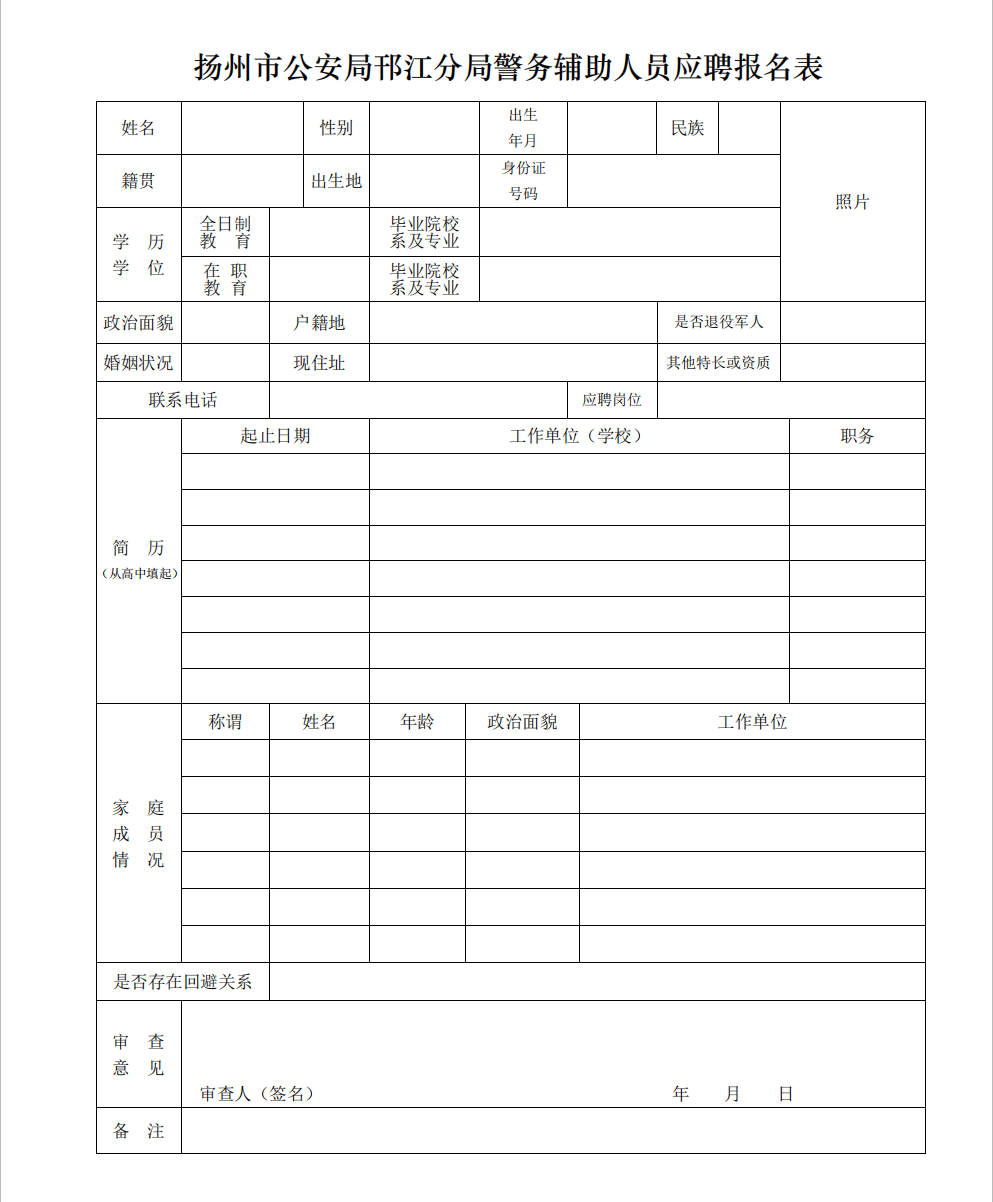 揚州市公安局邗江分局警務(wù)輔助人員應聘報名表